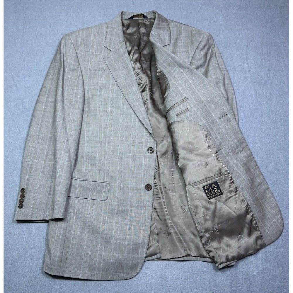 Jos A Bank Signature Gold 42R Gray Windowpane Wool Sport Coat Blazer Gordon